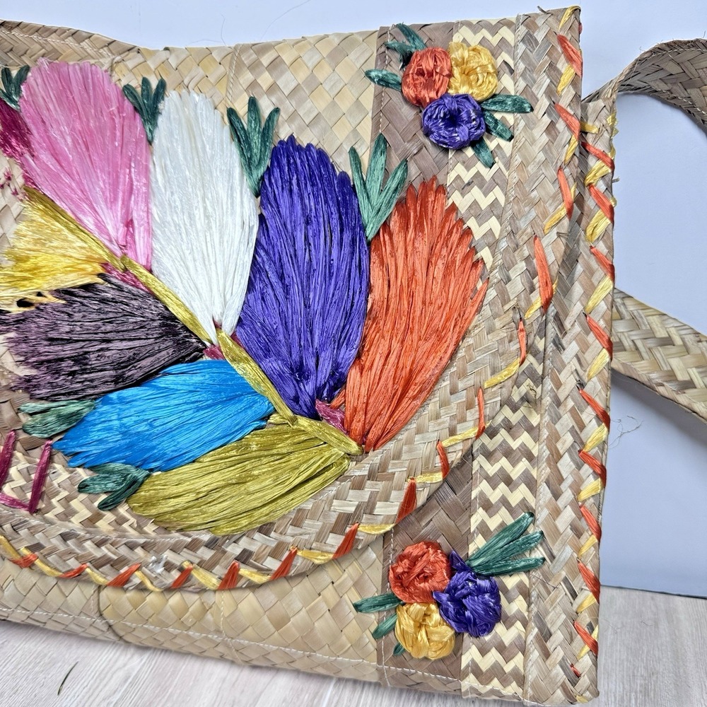 Vintage Woven Straw Raffia Purse Floral Embroidery Boho Tote Bag 13x10 READ - Picture 2 of 13
